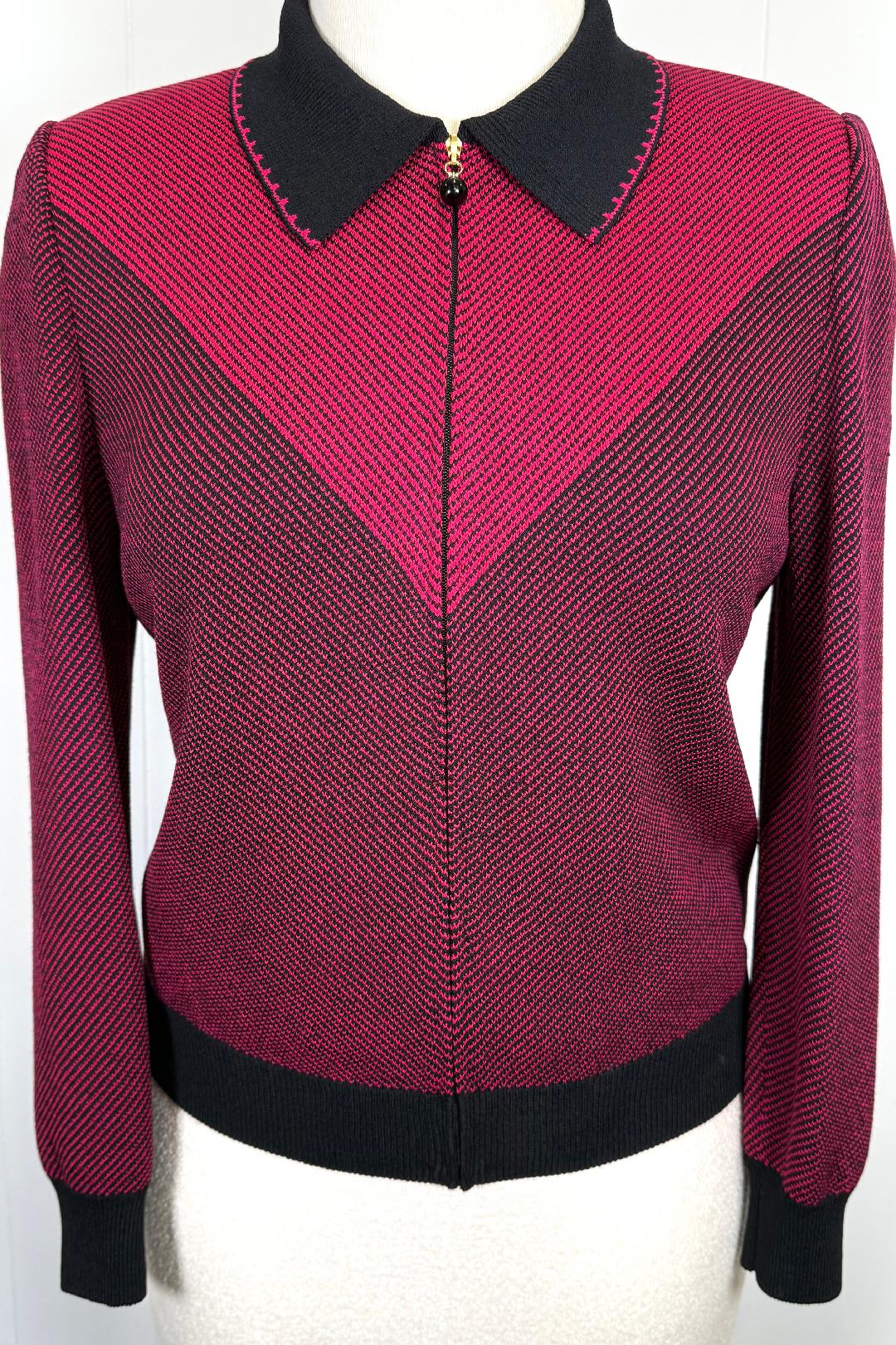 St. John Cranberry Red Santana Knit Jacket – Black Trim & Zip Front – Size 10