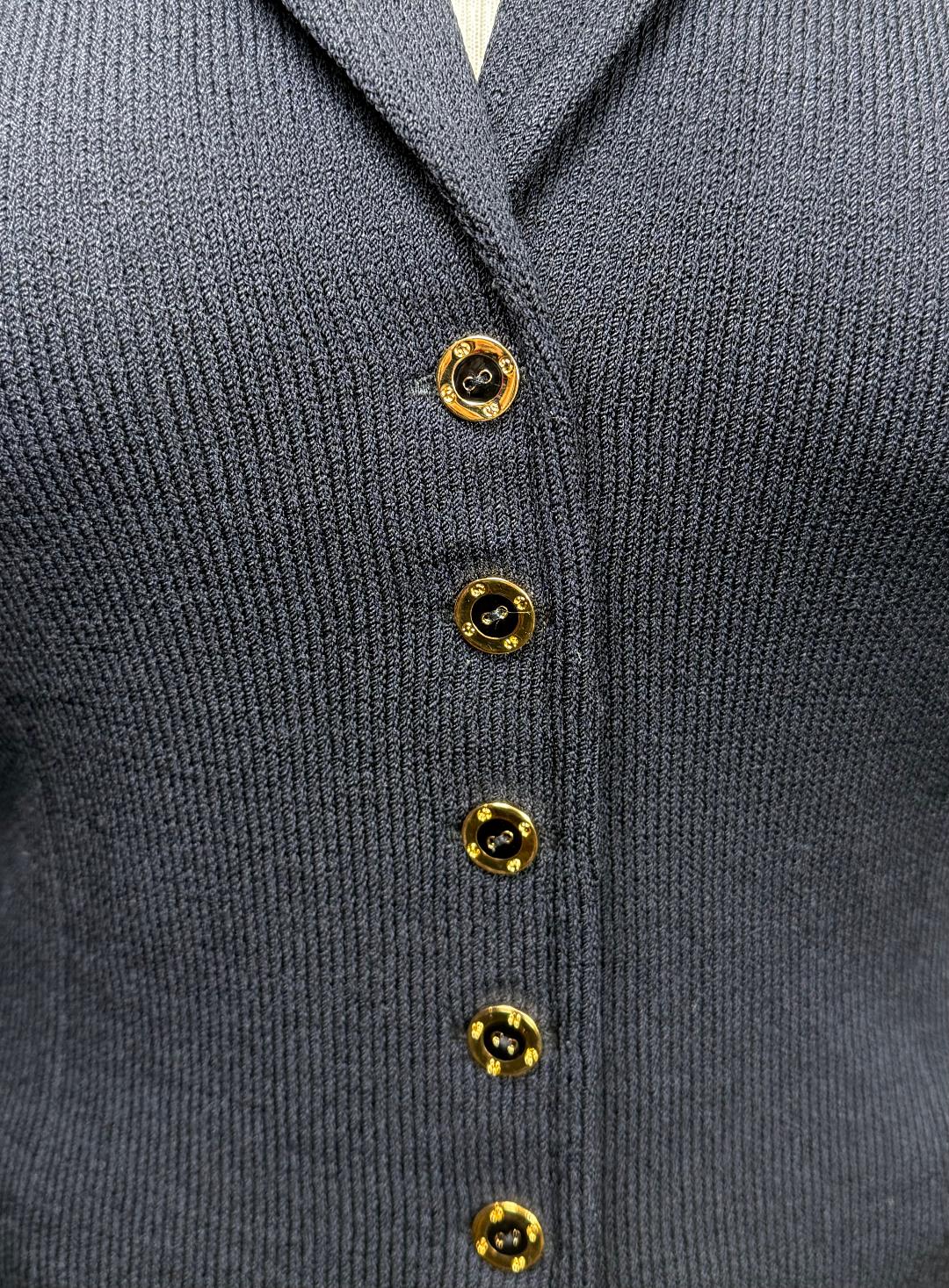 St. John Black Santana Knit Jacket – Notched Collar & Gold Logo Buttons – Size 8