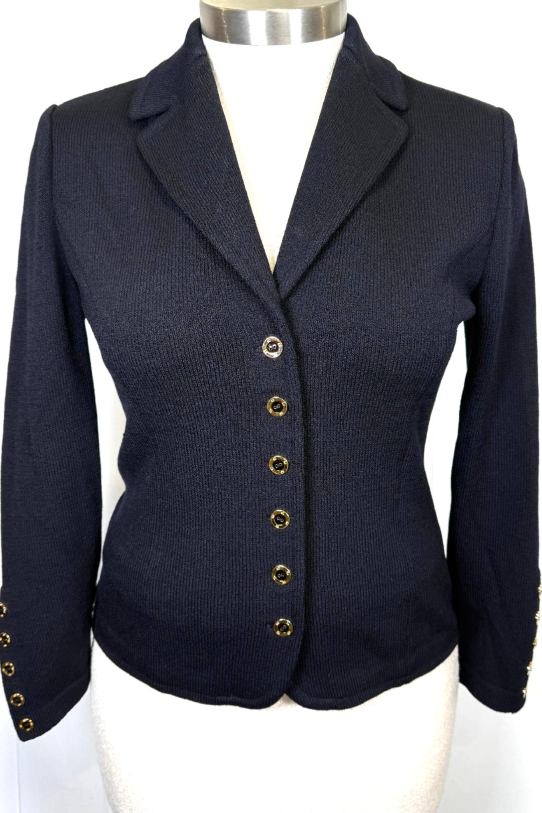 St. John Black Santana Knit Jacket – Notched Collar & Gold Logo Buttons – Size 8