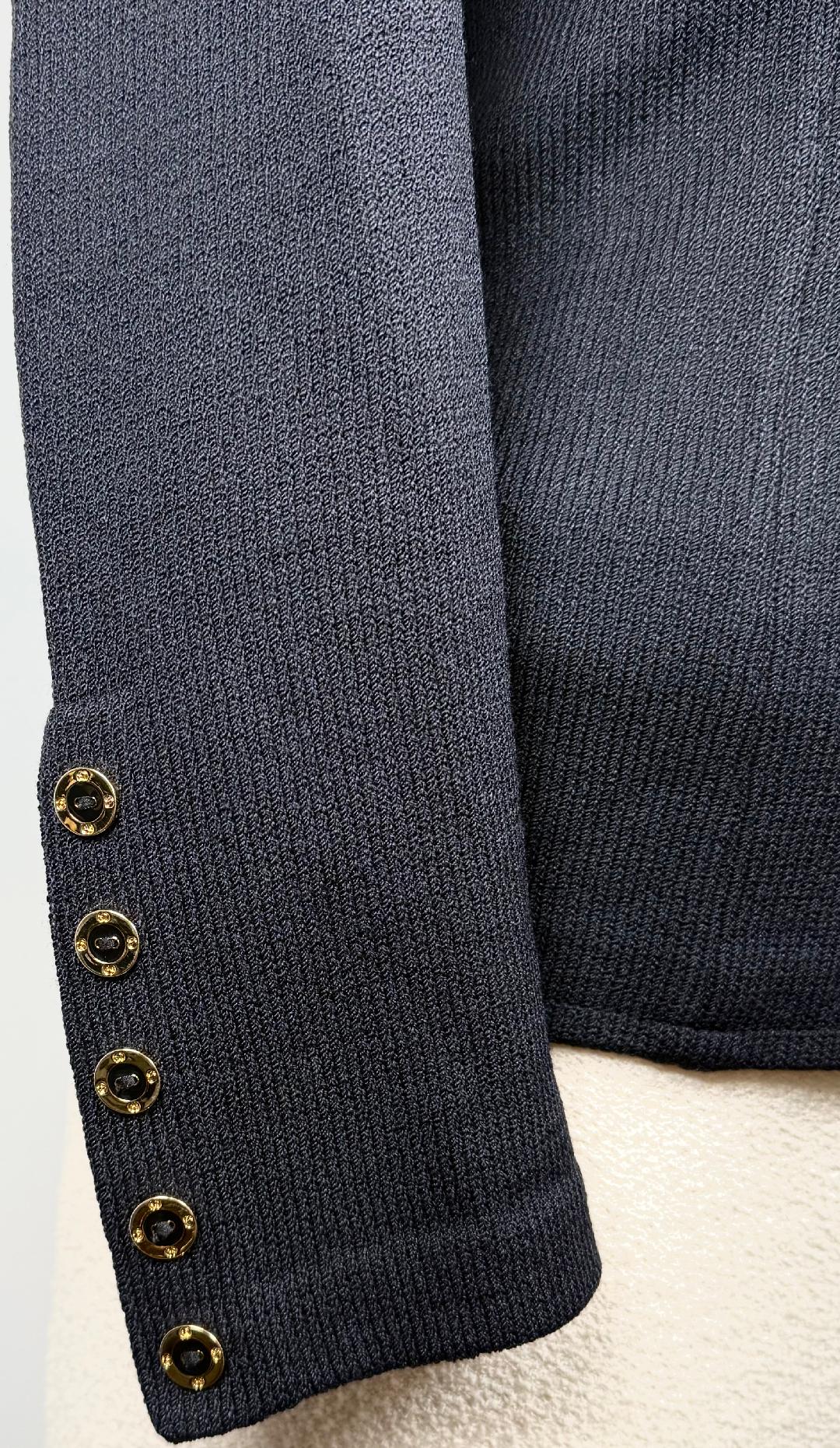 St. John Black Santana Knit Jacket – Notched Collar & Gold Logo Buttons – Size 8