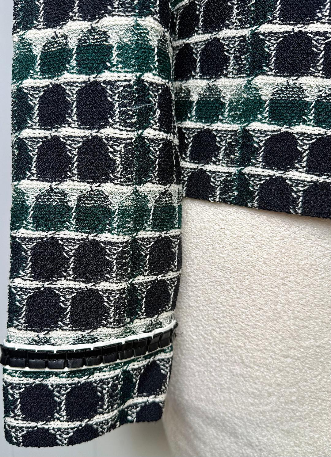 St. John Black, White & Green Textured Knit Jacket – Leather Trim & Zip Front – Size 12