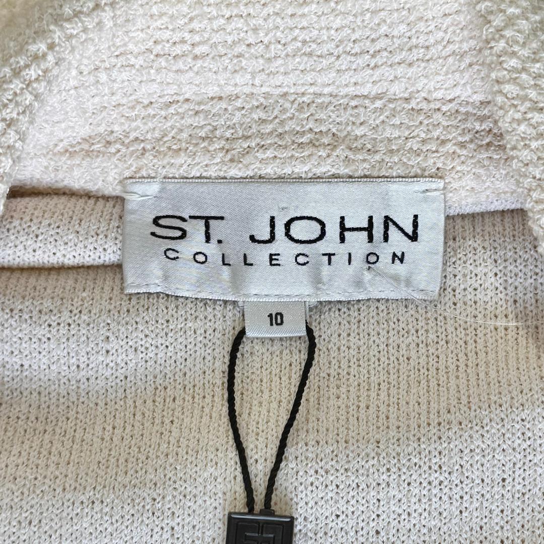 St. John Off-White Textured Knit Jacket – Black Trim & Zip Front – Size 10
