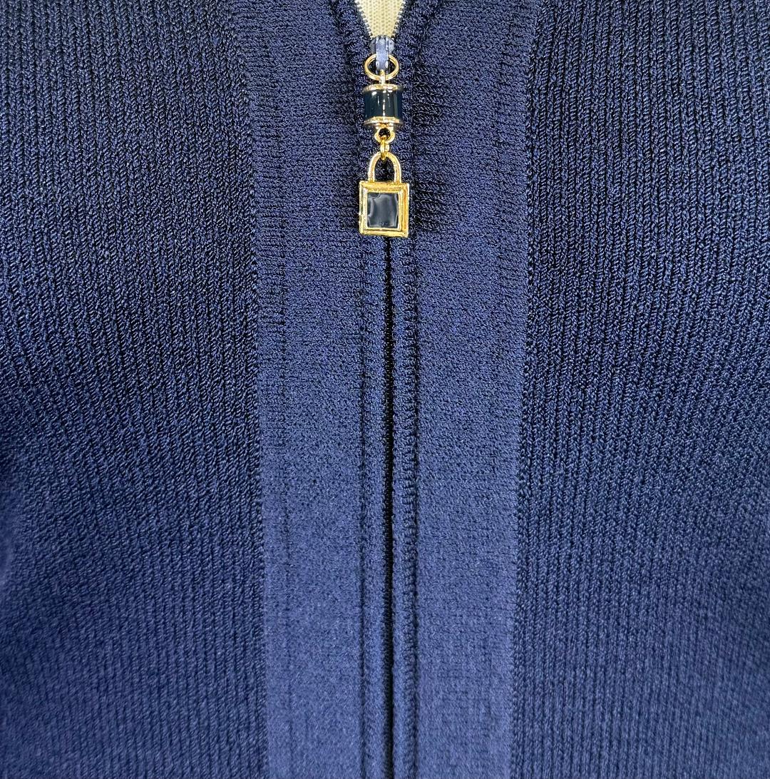 St. John Navy Santana Knit Jacket – Zip Front & Logo Button Pockets – Size 6 (fits 8)