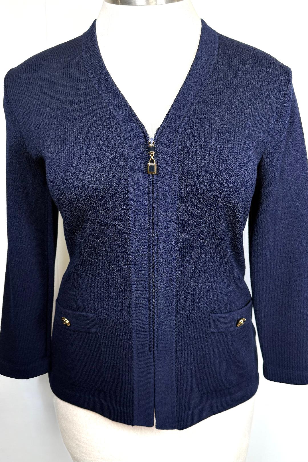 St. John Navy Santana Knit Jacket – Zip Front & Logo Button Pockets – Size 6 (fits 8)