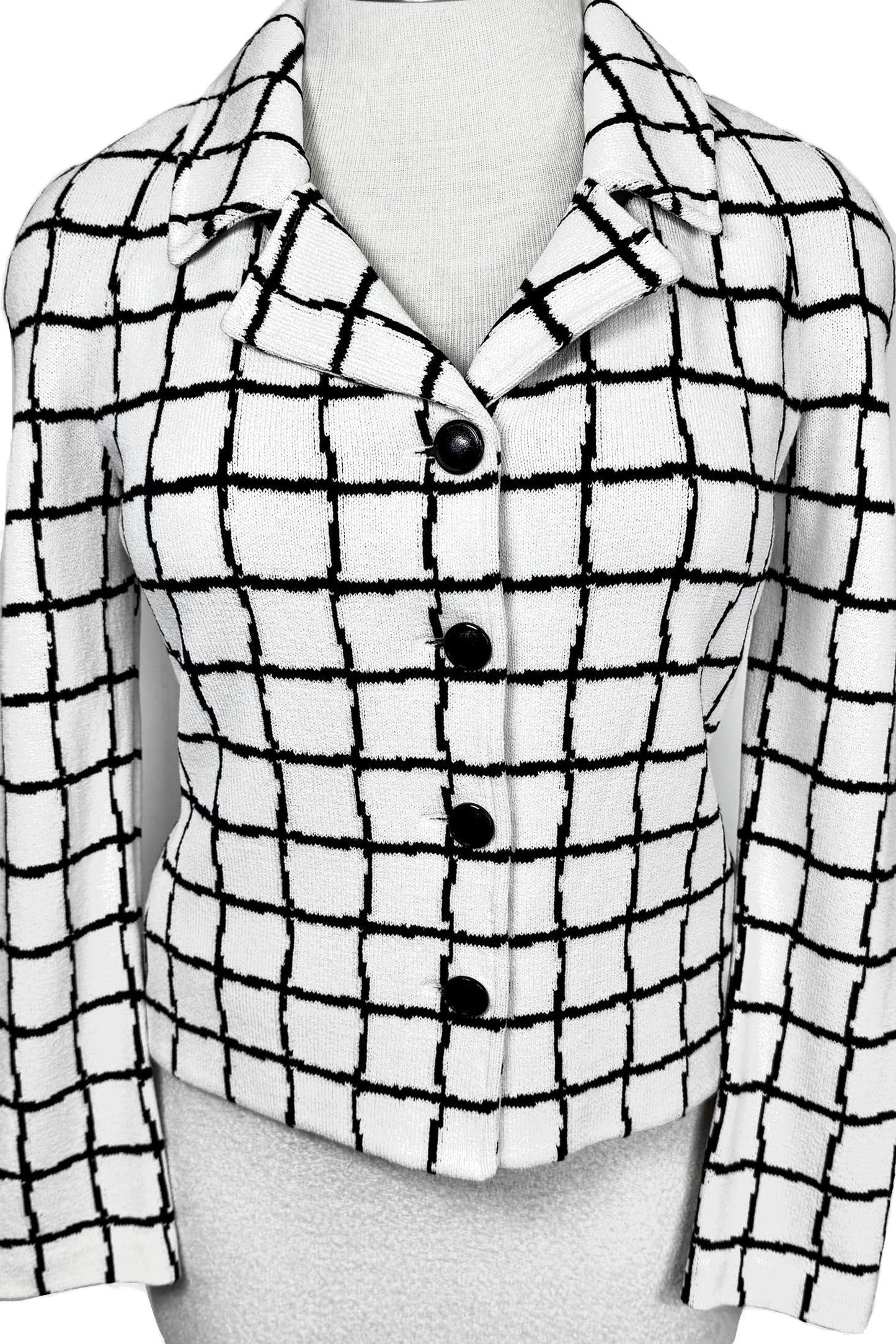 St. John White & Black Checkered Santana Knit Jacket – Notched Lapel & Button Front – Size 6