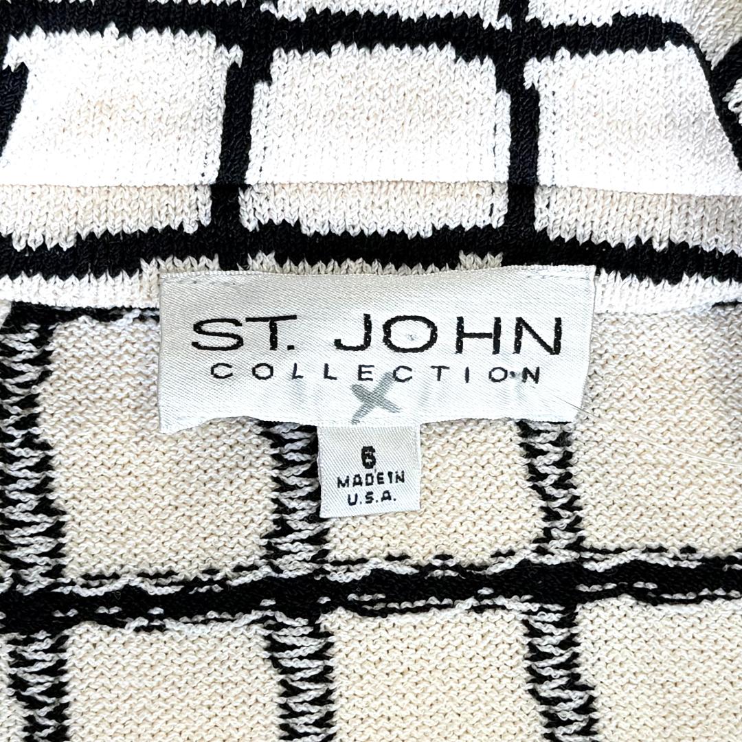 St. John White & Black Checkered Santana Knit Jacket – Notched Lapel & Button Front – Size 6