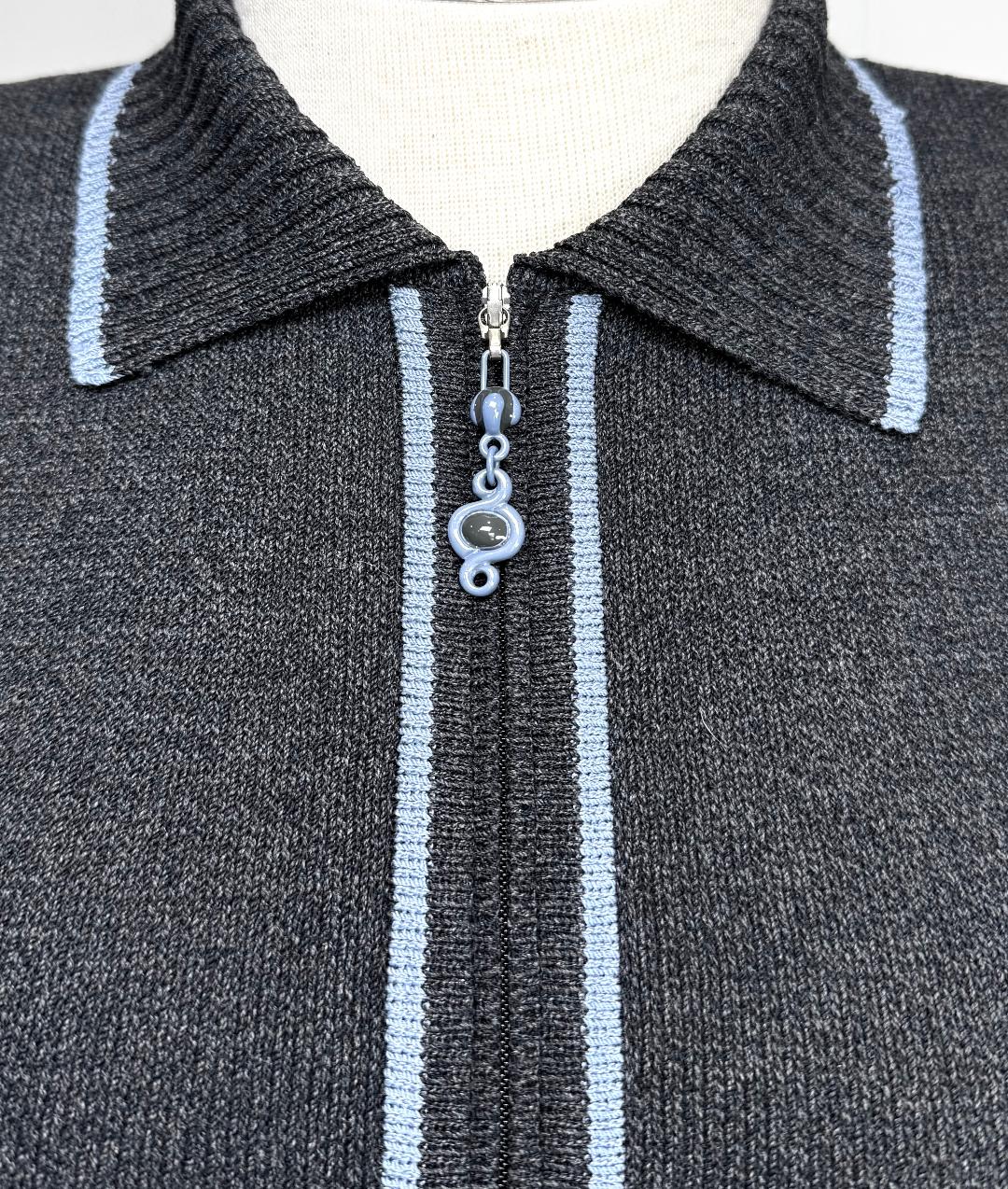St. John Grey Santana Knit Jacket with Blue Trim – Popcorn Sleeve Detail – Zip Front - Size 6