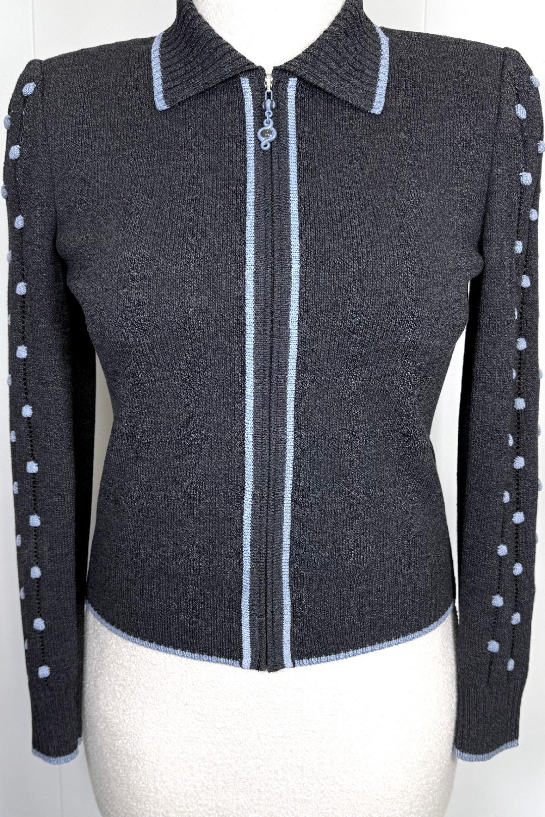 St. John Grey Santana Knit Jacket with Blue Trim – Popcorn Sleeve Detail – Zip Front - Size 6