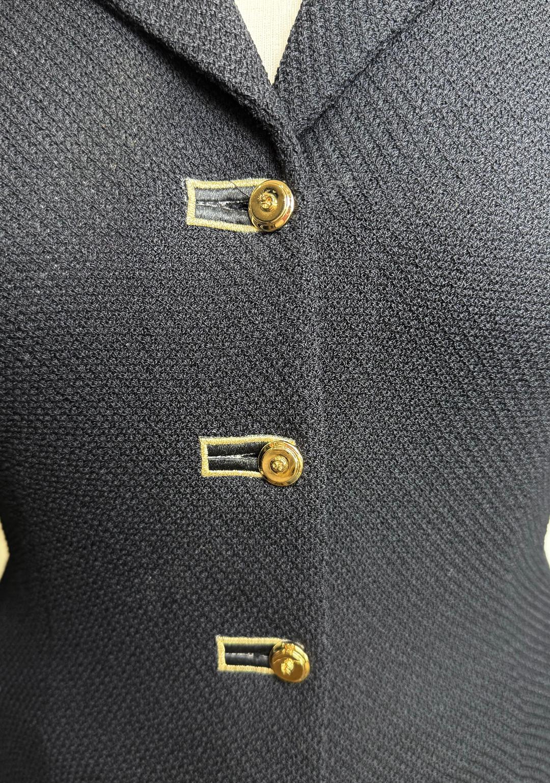 St. John Black Santana Knit Long Jacket – Gold Logo Buttons – Size 6 and 8