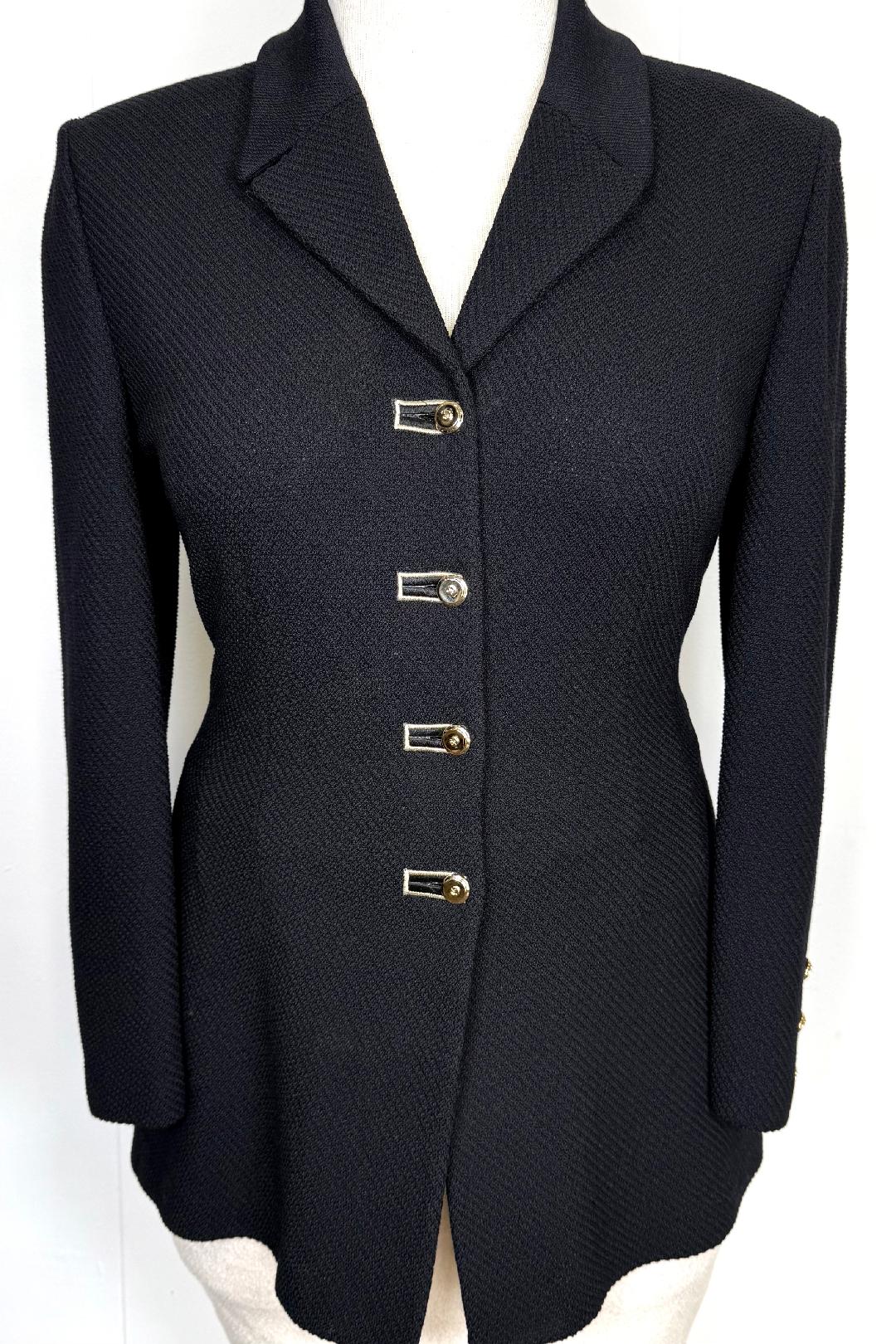 St. John Black Santana Knit Long Jacket – Gold Logo Buttons – Size 6 and 8