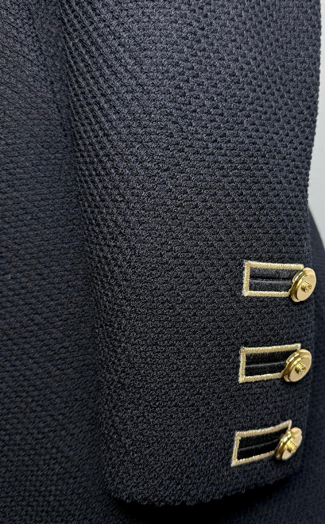 St. John Black Santana Knit Long Jacket – Gold Logo Buttons – Size 6 and 8