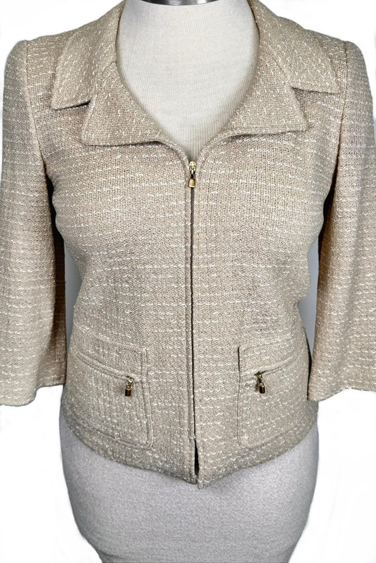 St. John Beige Textured Santana Knit Jacket – Zip Front – Size 6