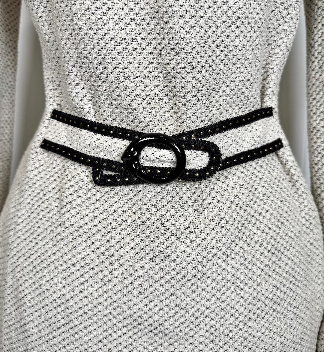 St. John Black & White Textured Knit Long Jacket – Gold Paillette Trim – Size 6