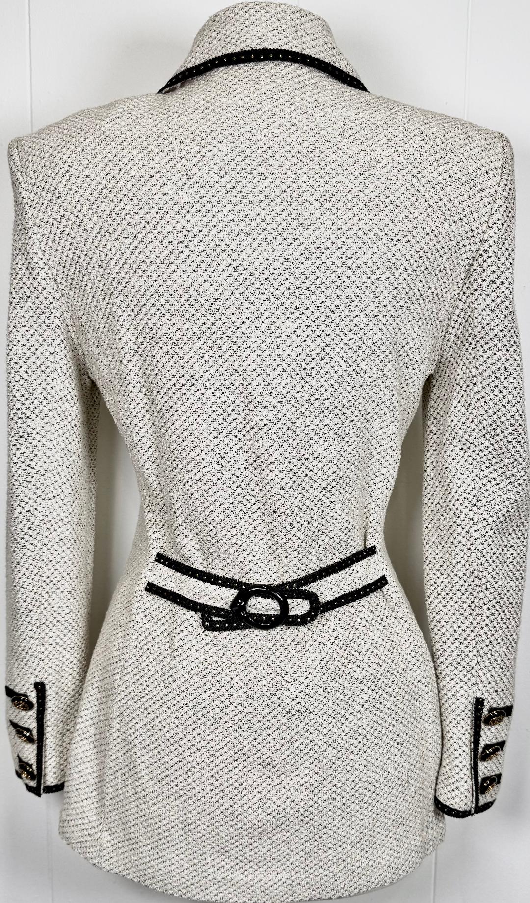 St. John Black & White Textured Knit Long Jacket – Gold Paillette Trim – Size 6