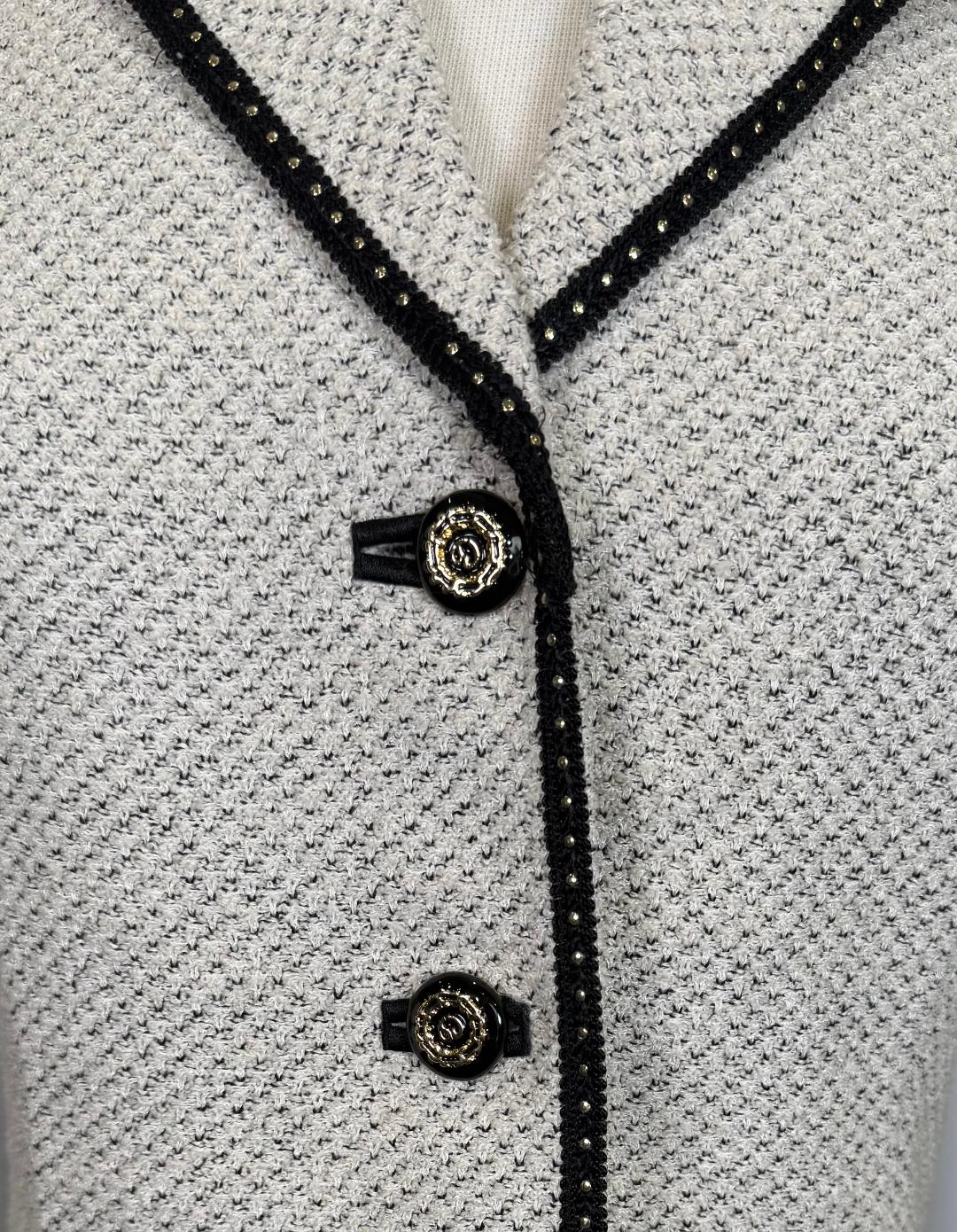 St. John Black & White Textured Knit Long Jacket – Gold Paillette Trim – Size 6