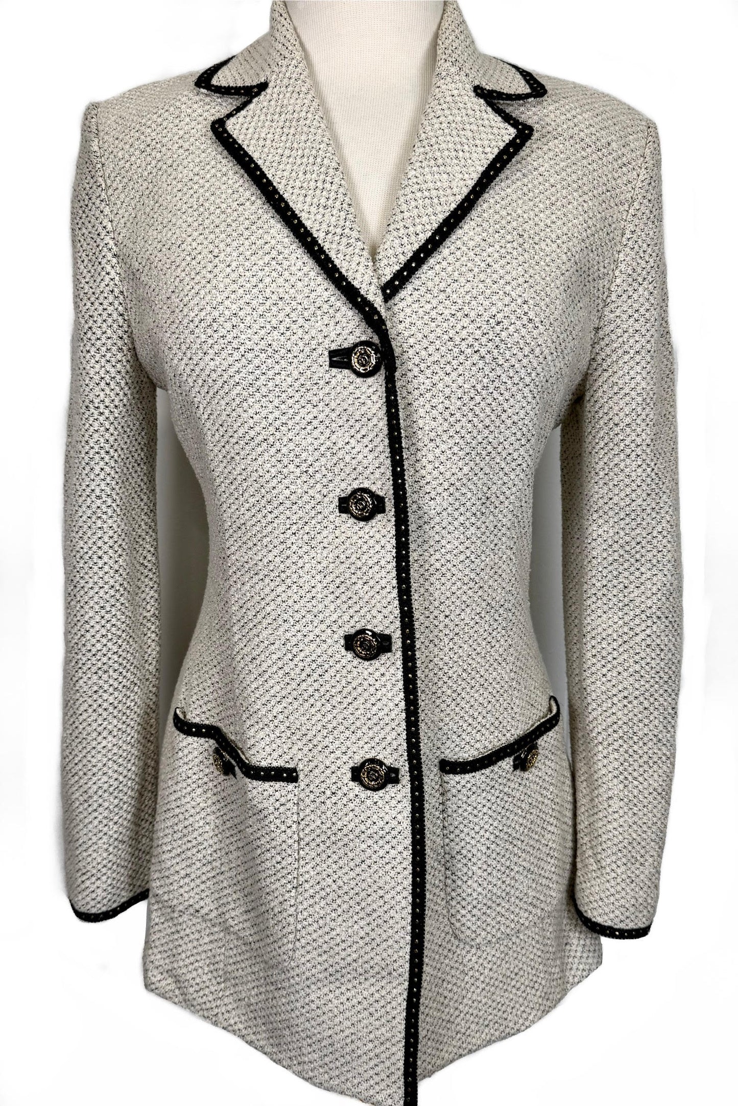 St. John Black & White Textured Knit Long Jacket – Gold Paillette Trim – Size 6