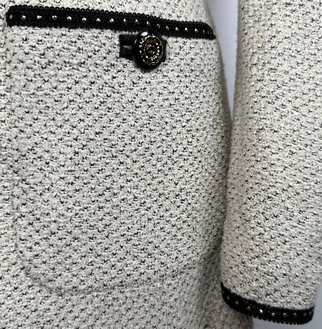 St. John Black & White Textured Knit Long Jacket – Gold Paillette Trim – Size 6