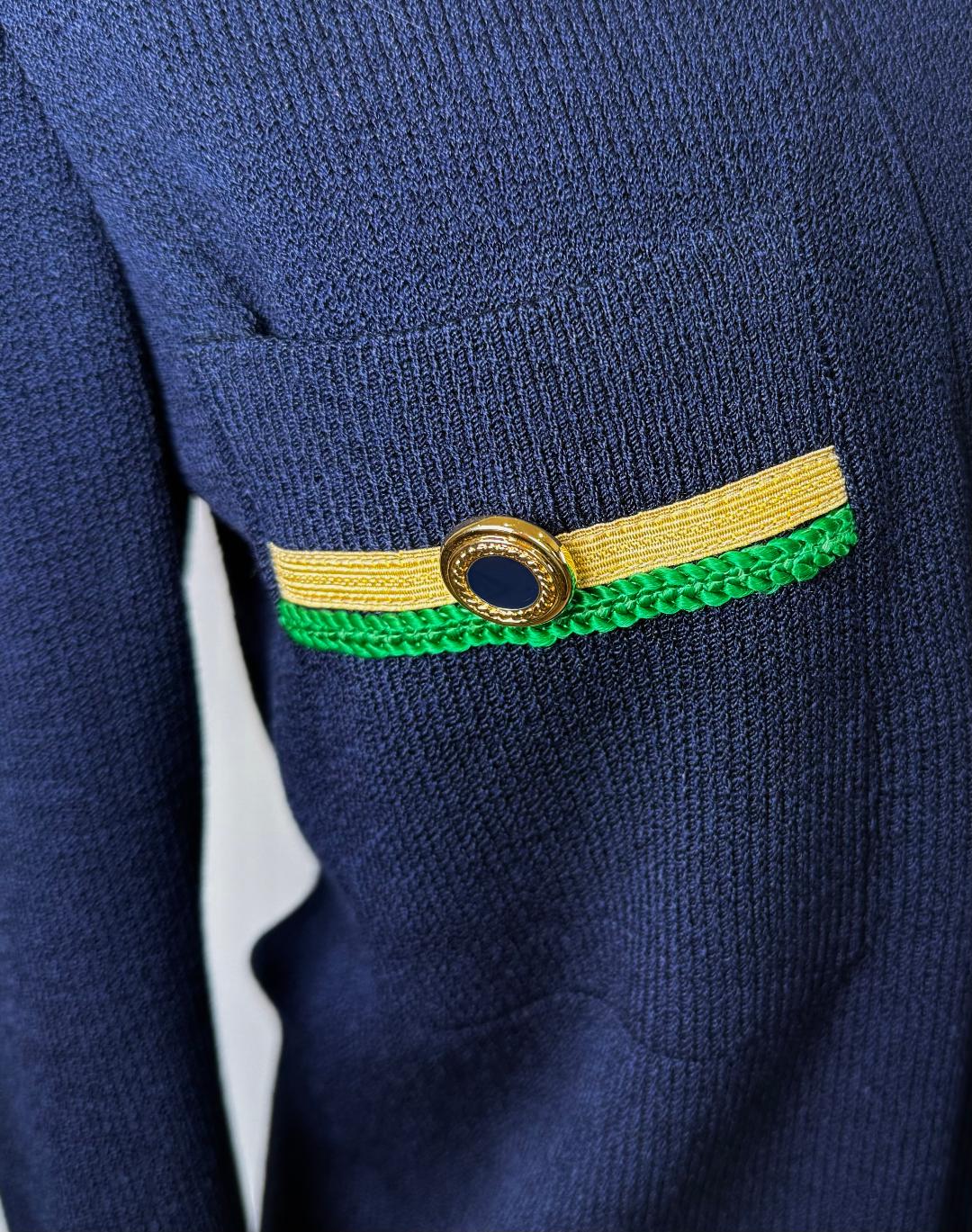 St. John Navy Santana Knit Long Jacket – Green & Gold Trim – Size M(6/8)