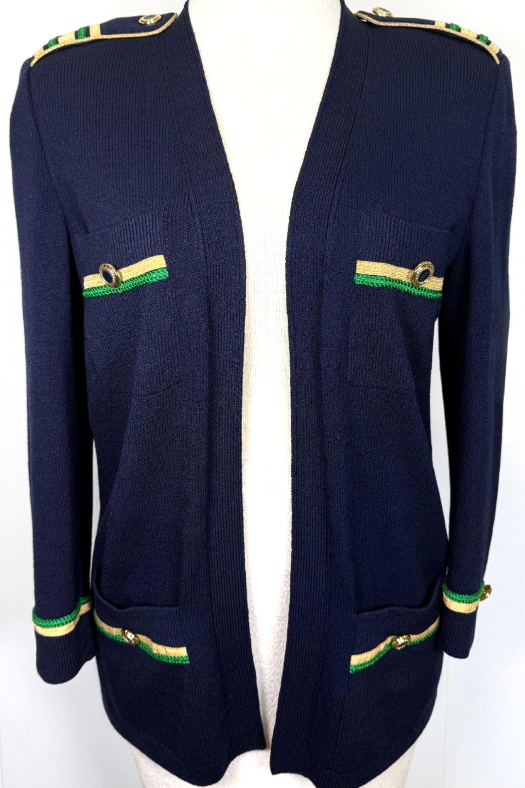 St. John Navy Santana Knit Long Jacket – Green & Gold Trim – Size M(6/8)