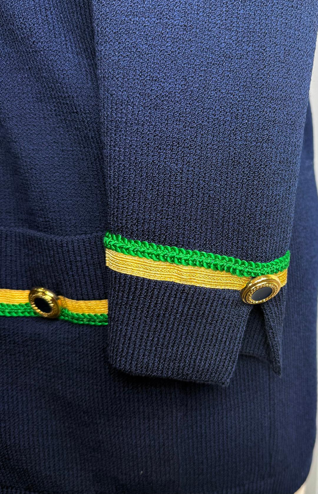 St. John Navy Santana Knit Long Jacket – Green & Gold Trim – Size M(6/8)