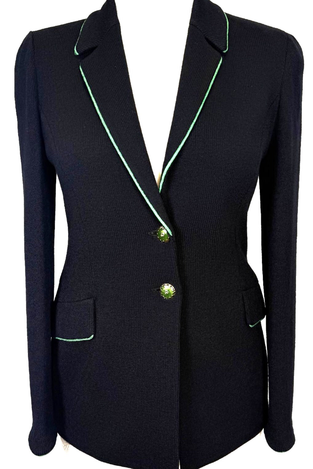 St. John Black Santana Knit Long Jacket – Green Trim – Size 10