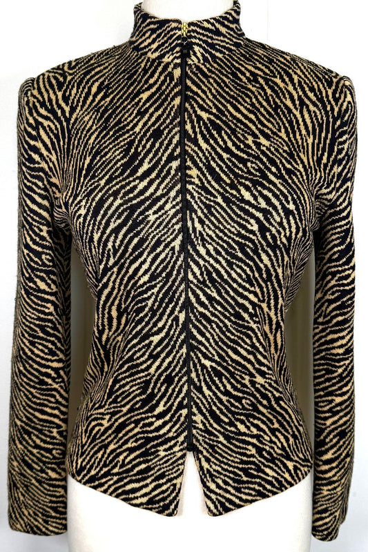 St. John Animal Print Wool Blend Knit Jacket – Zip Front – Size 6