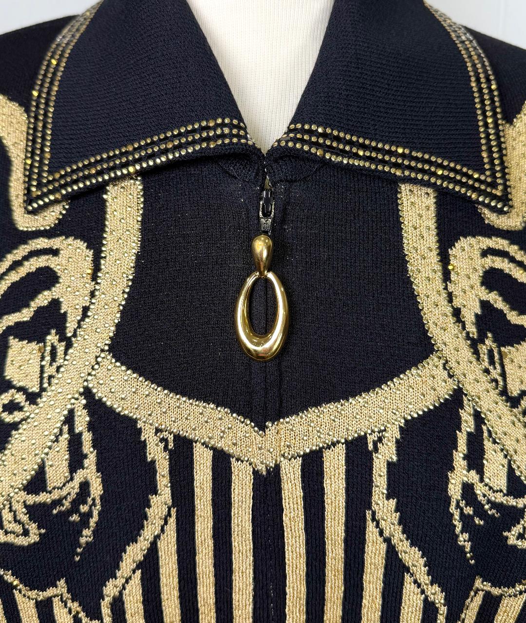St. John Black Santana Knit Jacket with Gold Paillettes – Zip Front – Size S (Fits 6/8)