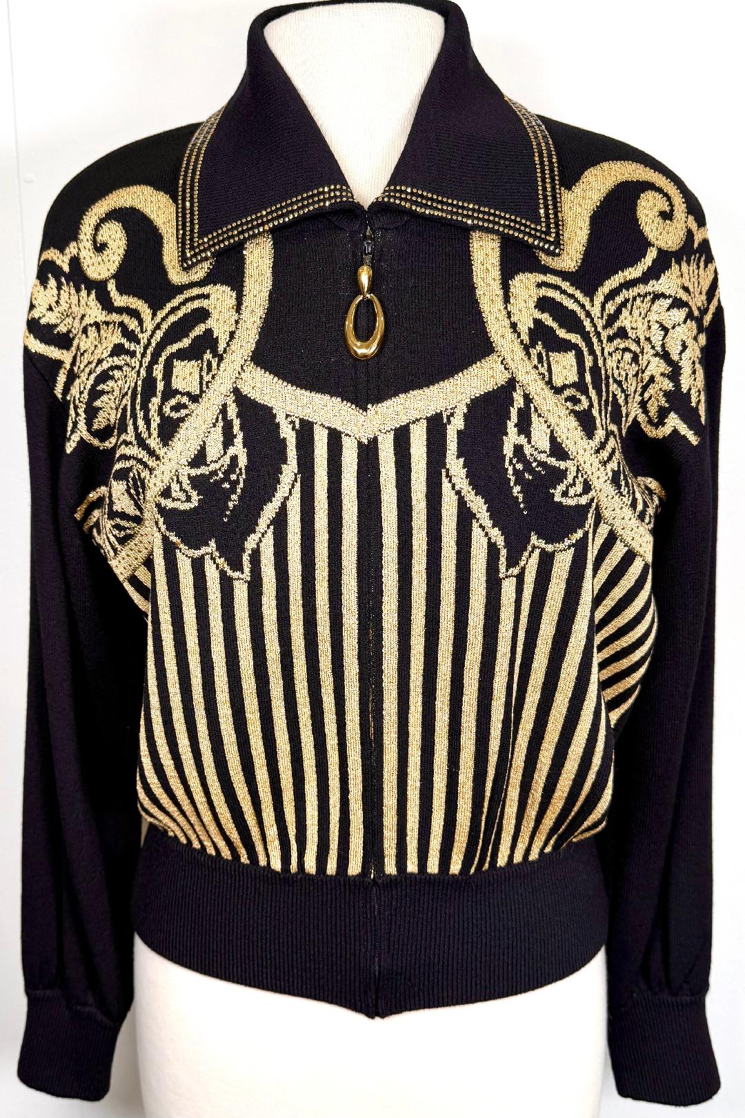 St. John Black Santana Knit Jacket with Gold Paillettes – Zip Front – Size S (Fits 6/8)