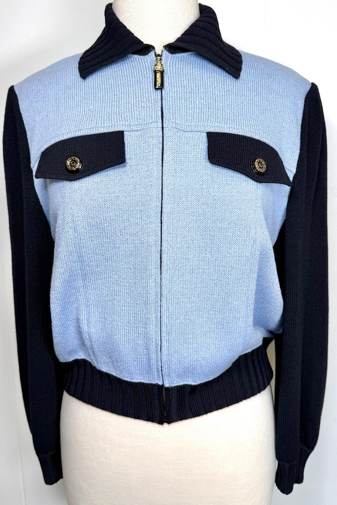 St. John Black & Light Blue Santana Knit Jacket – Zip Front – Size P (Fits 6/8)