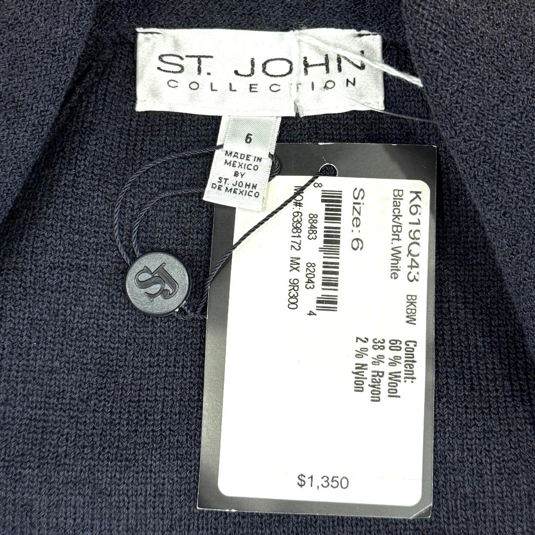 St. John Black Textured Knit Jacket with White Crochet Trim – Size  6 - NWT $1,350