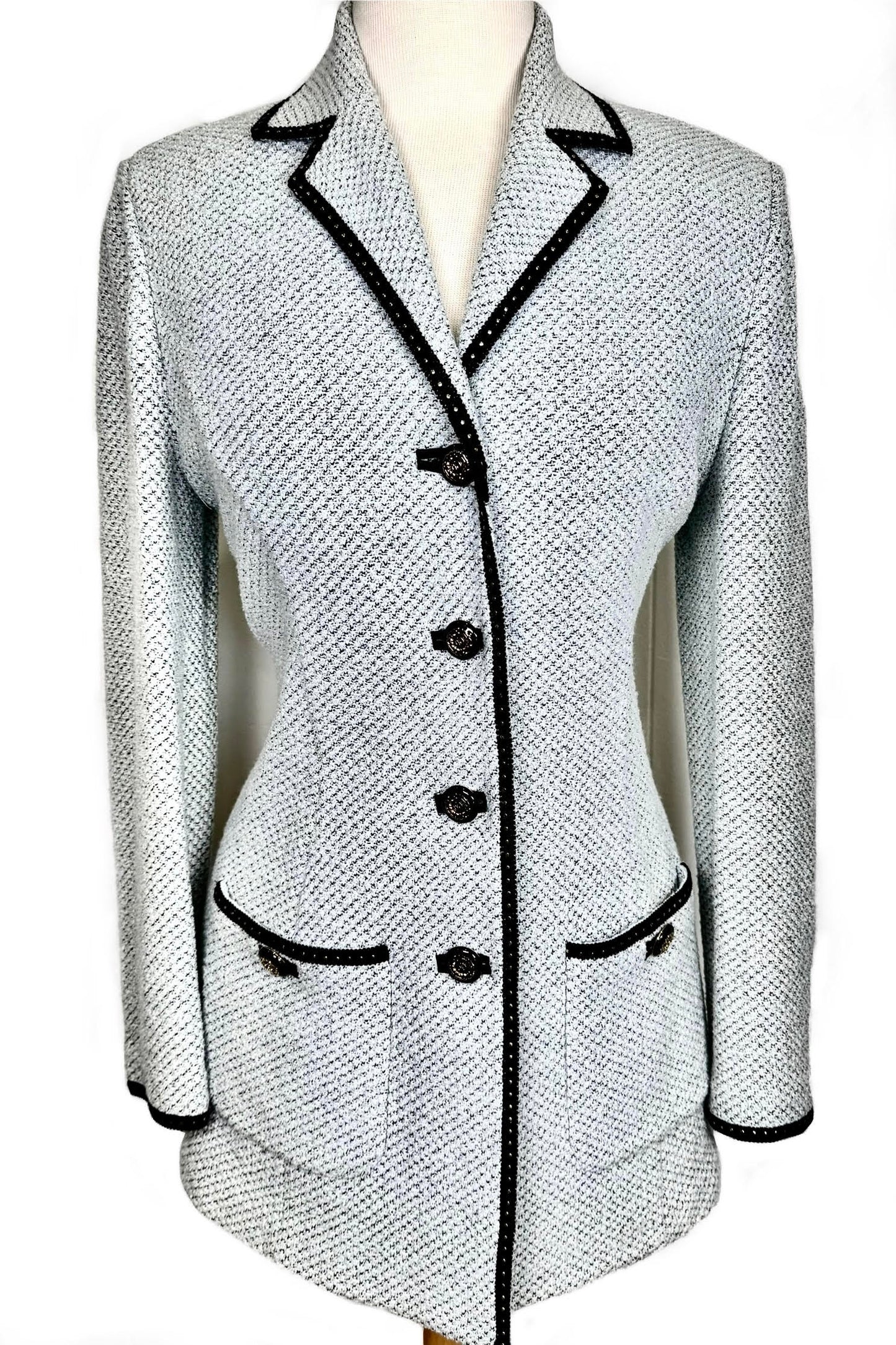St. John Light Blue Textured Knit Long Jacket with Black Trim – Size 6