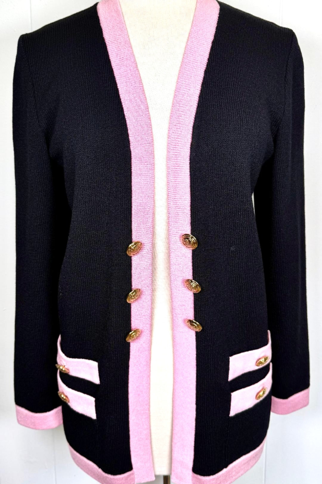 St. John Black & Pink Santana Knit Long Jacket – Size 6