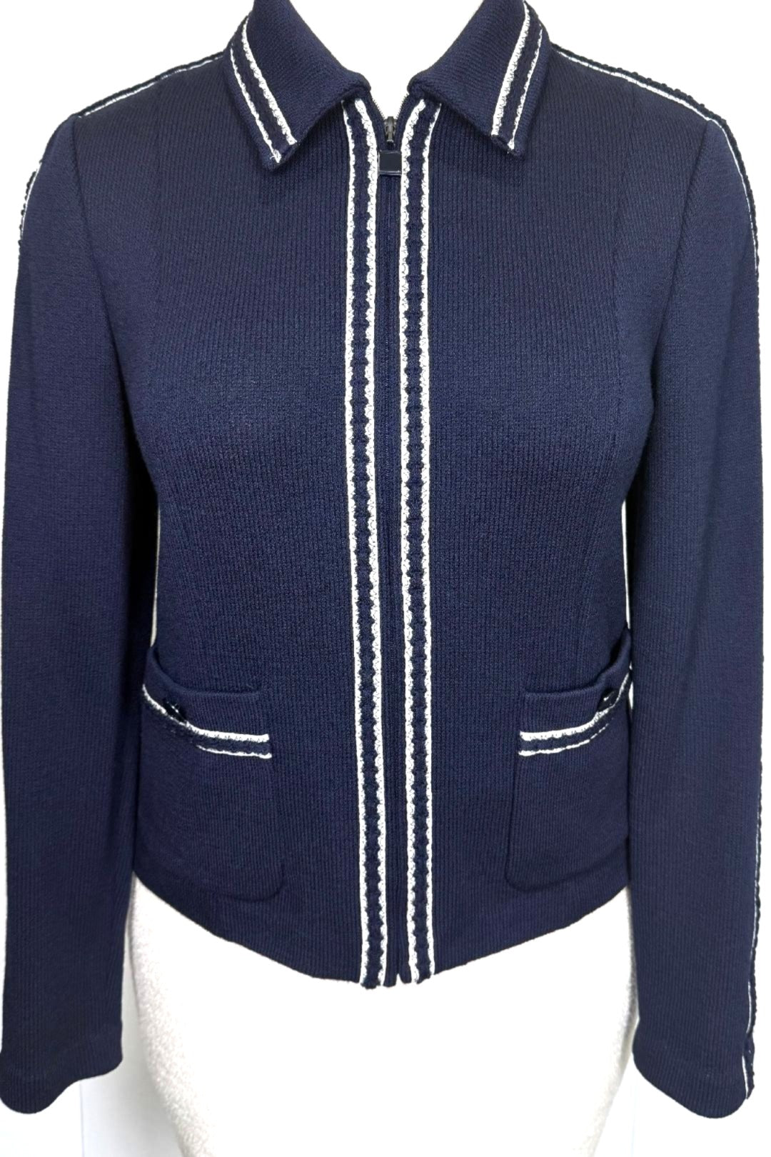 St. John Navy Santana Knit Jacket with White Trim – Size 10