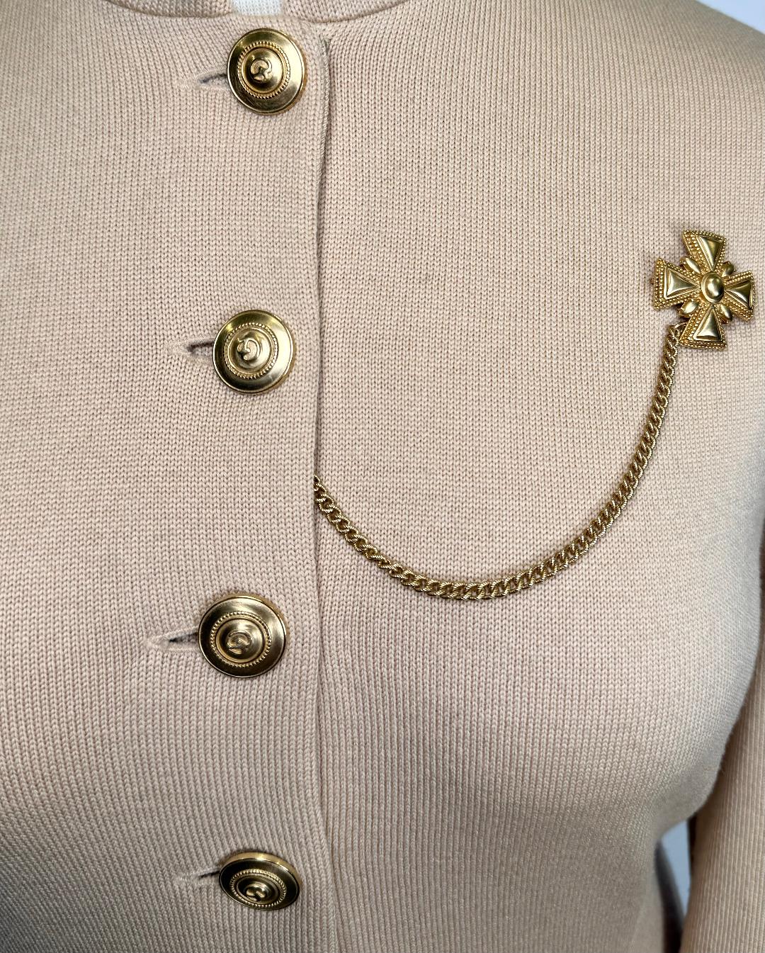 St. John Beige Wool Blend Long Jacket with Gold Chain Detail – Size 8