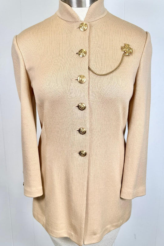 St. John Beige Wool Blend Long Jacket with Gold Chain Detail – Size 8