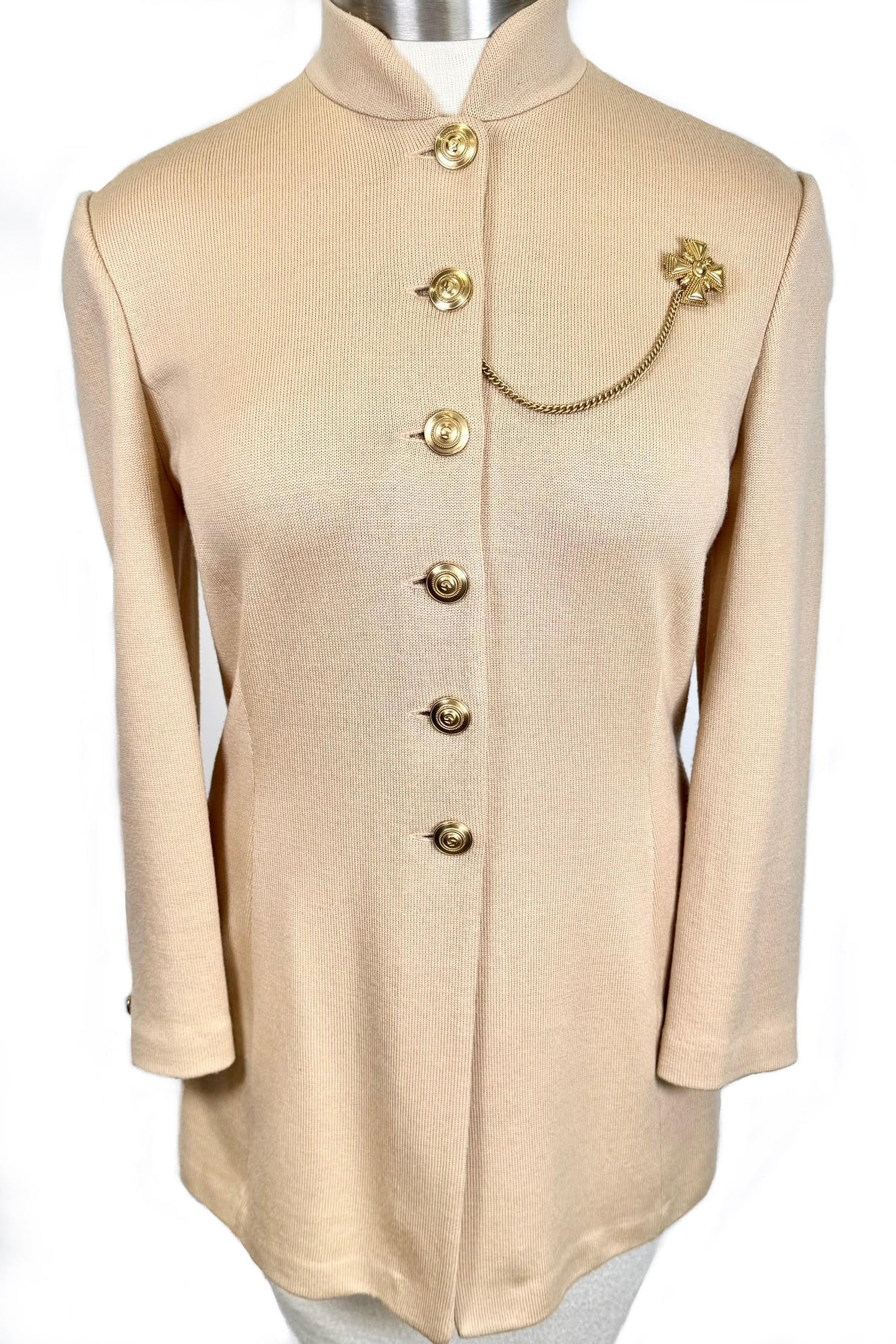 St. John Beige Wool Blend Long Jacket with Gold Chain Detail – Size 8