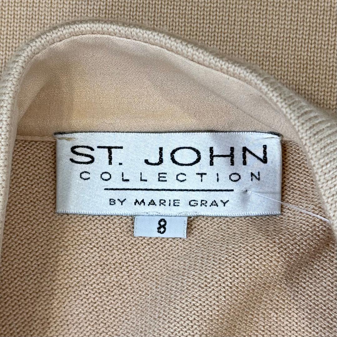 St. John Beige Wool Blend Long Jacket with Gold Chain Detail – Size 8