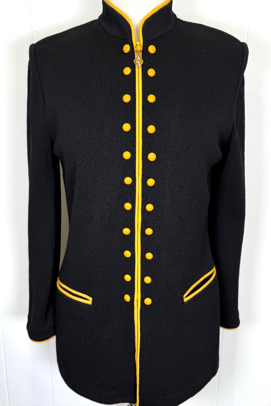 St. John Black Santana Knit Long Jacket with Yellow Trim – Size 6