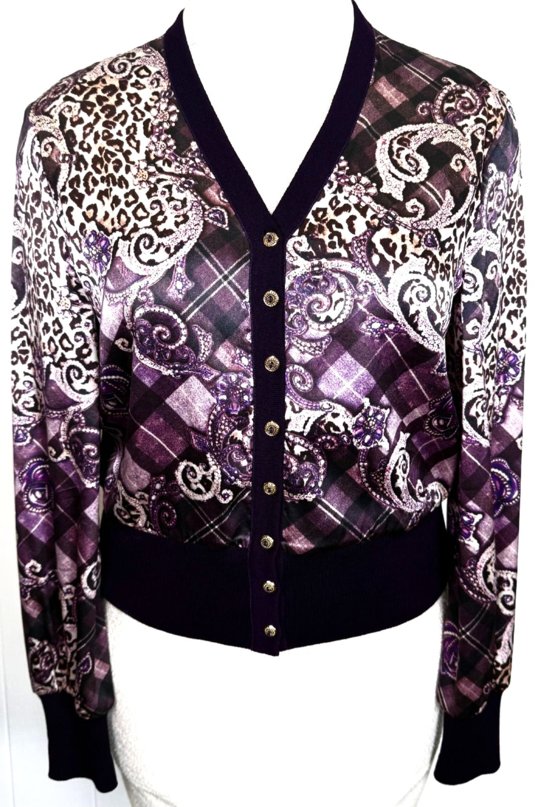 St. John Multi-Purple Cardigan Jacket – Gold Buttons – Size 10