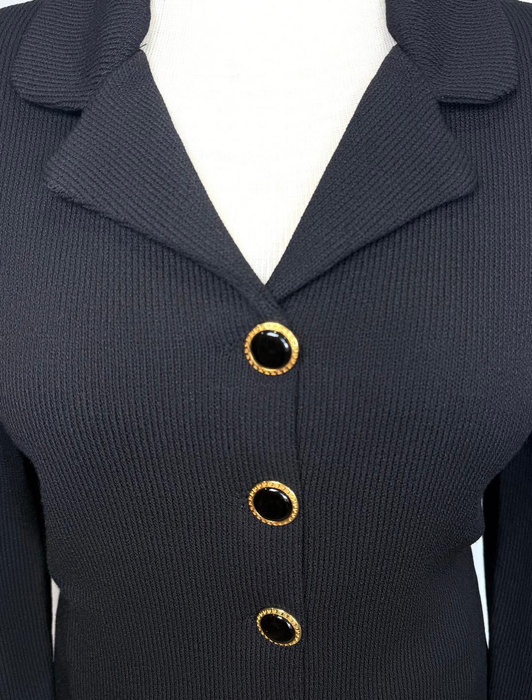 St. John Black Santana Knit Long Jacket – Black & Gold Buttons – Size 12
