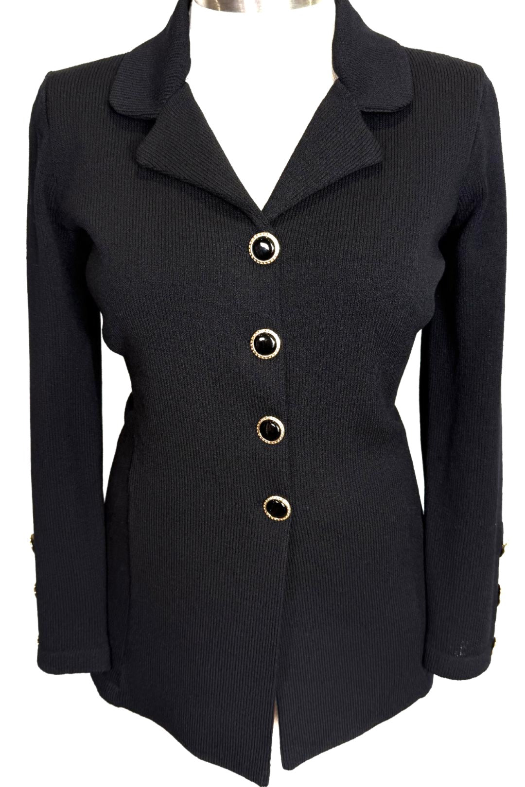 St. John Black Santana Knit Long Jacket – Black & Gold Buttons – Size 12