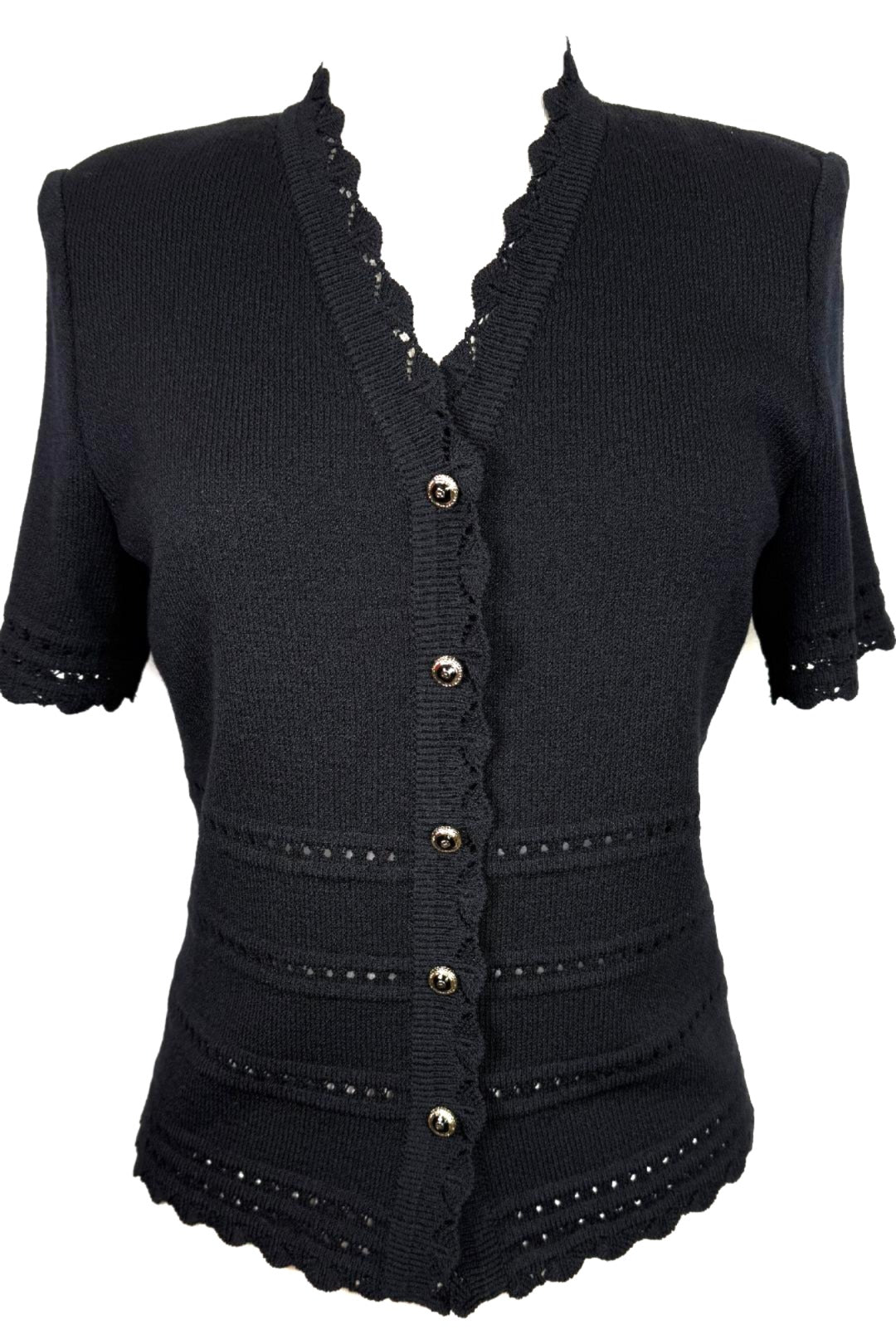 St. John Black Santana Knit Jacket – Black & Gold Logo Buttons – Size 4