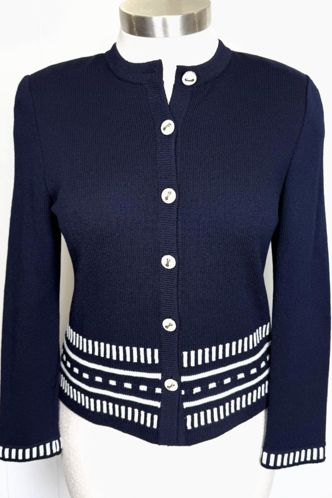 St. John Navy Santana Knit Jacket - White Stitch Detail – Size 8