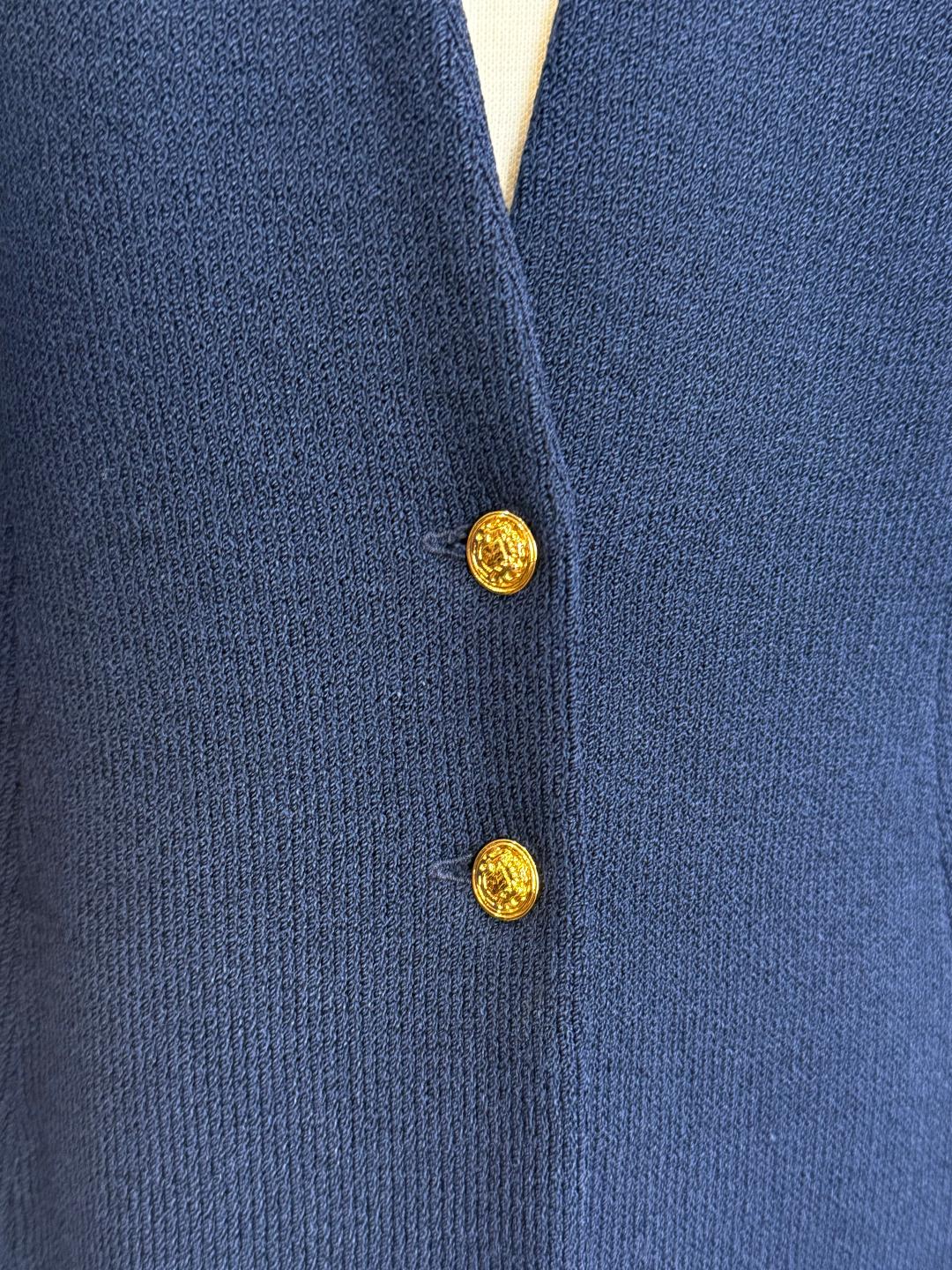 St. John Navy Blue Santana Knit Long Jacket – Gold Buttons – Size 6