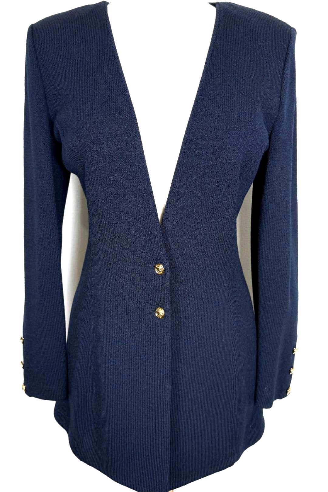 St. John Navy Blue Santana Knit Long Jacket – Gold Buttons – Size 6