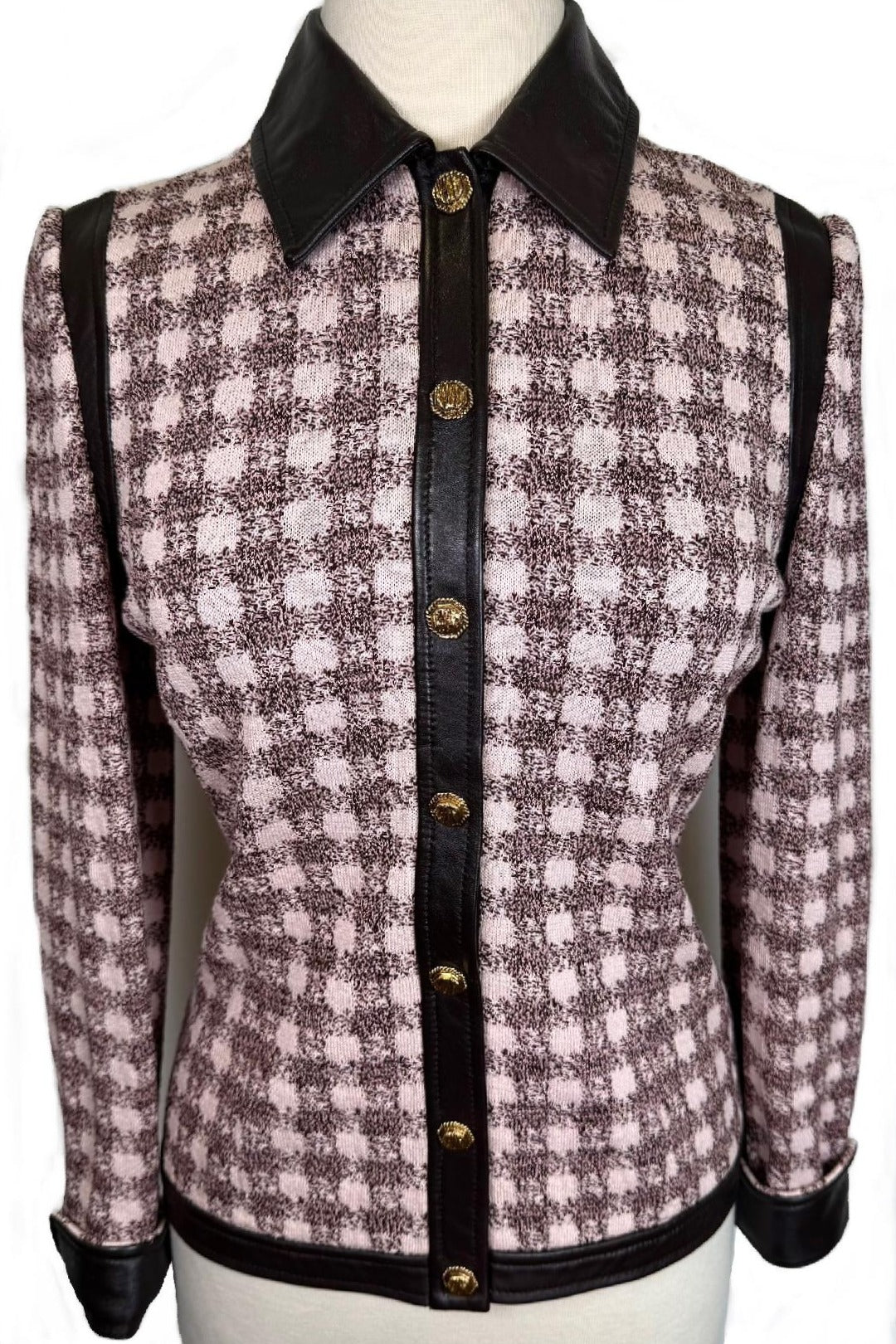 St. John Light Pink & Brown Textured Knit Jacket with Leather Trim – Size 6