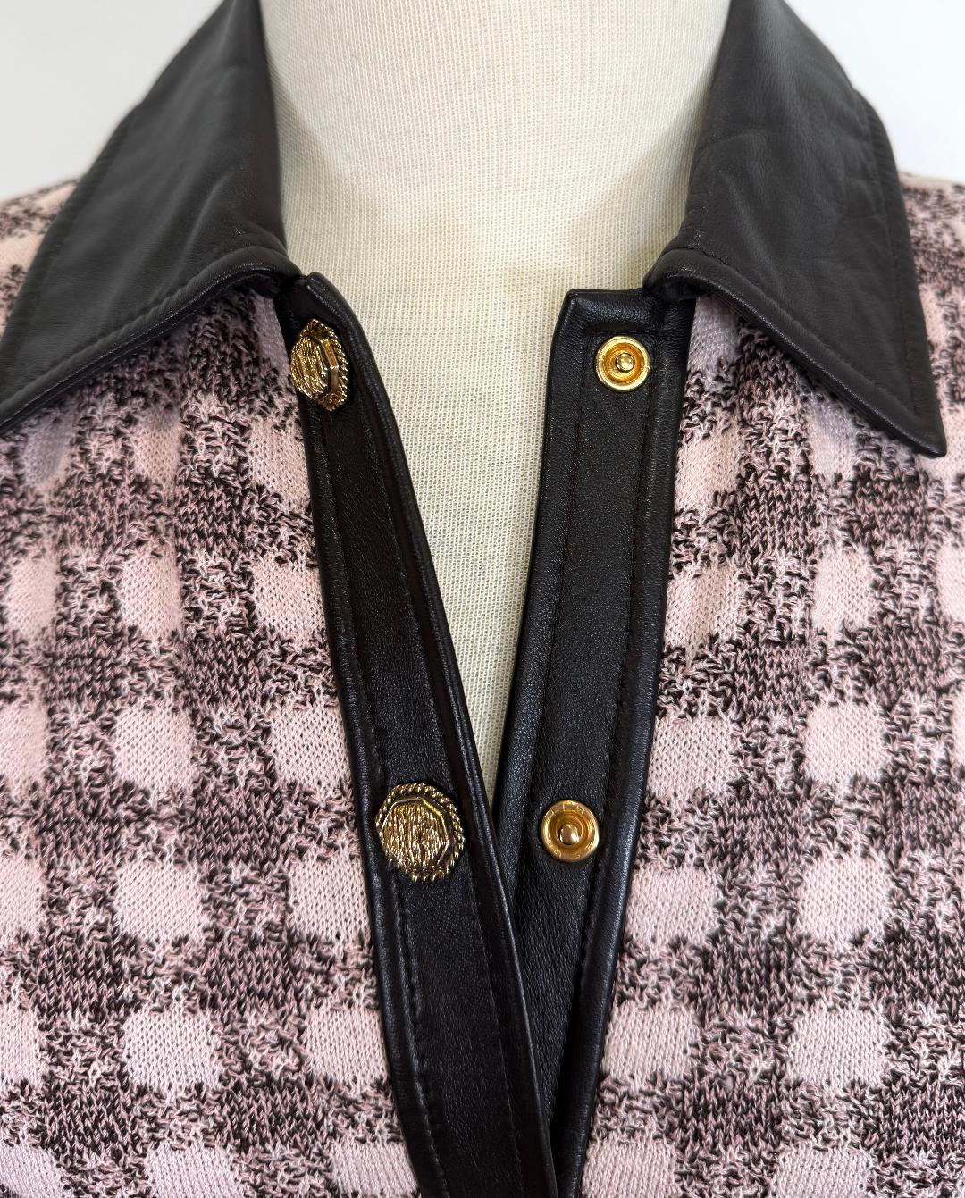St. John Light Pink & Brown Textured Knit Jacket with Leather Trim – Size 6