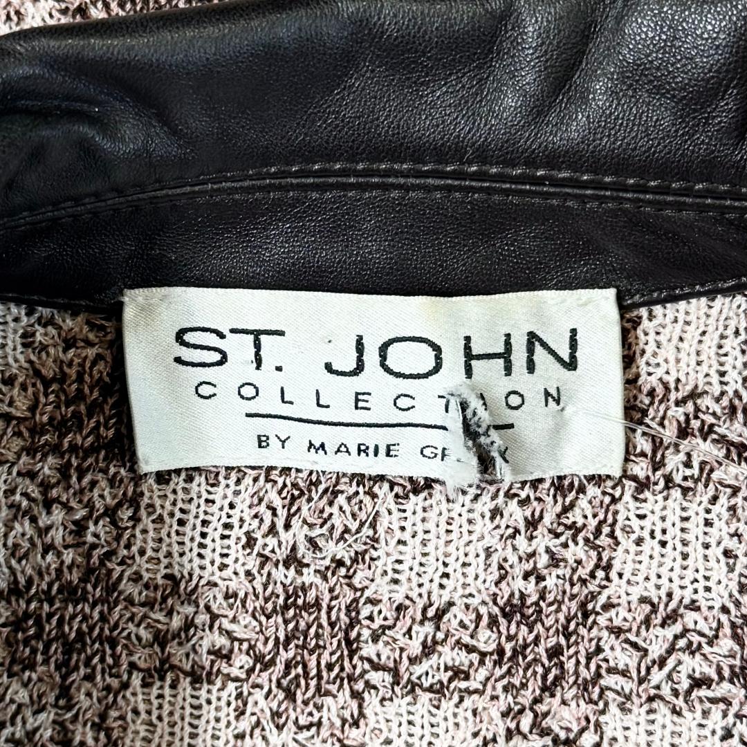 St. John Light Pink & Brown Textured Knit Jacket with Leather Trim – Size 6