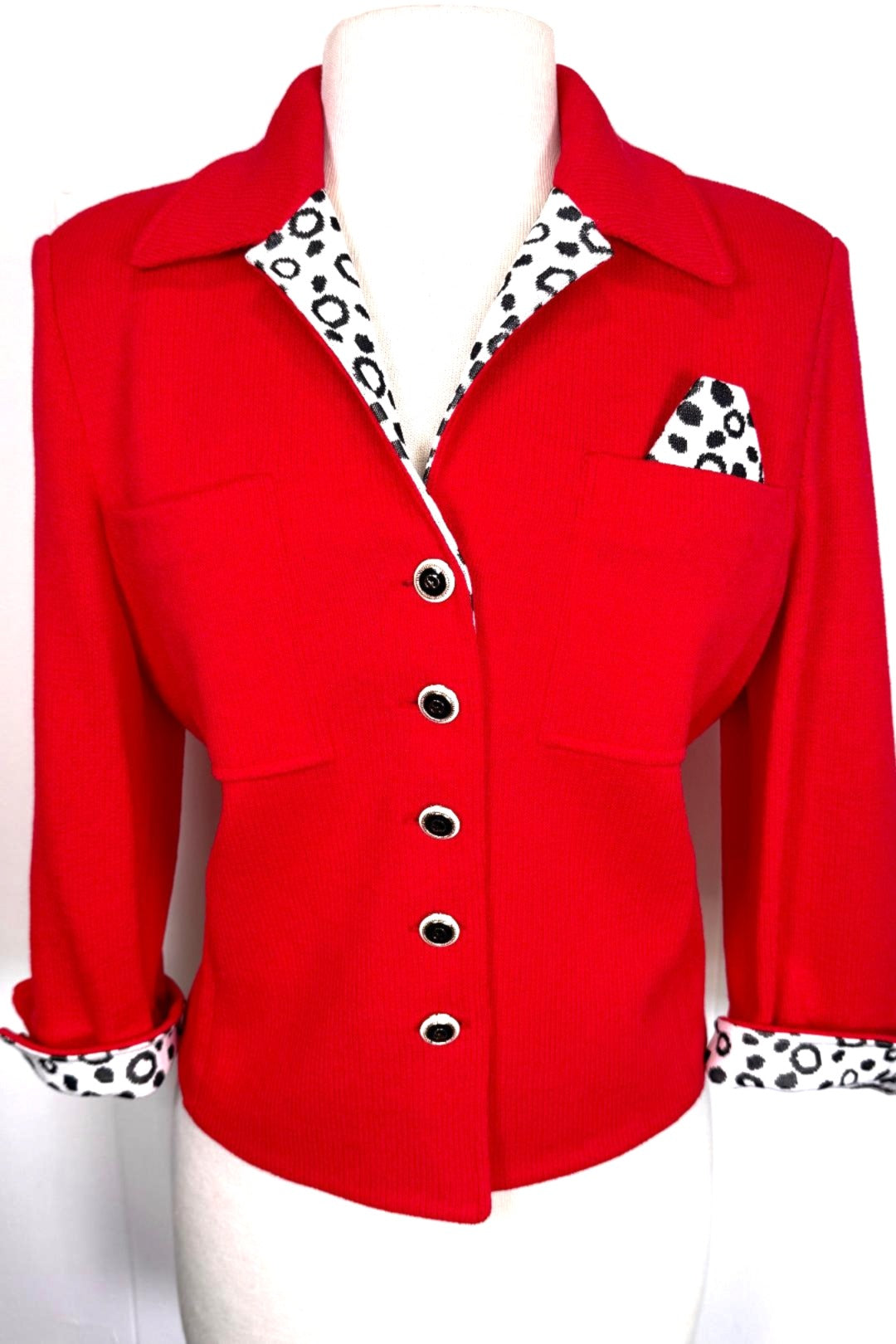 St. John Red Santana Knit Jacket with Polka Dot Trim – Size 6