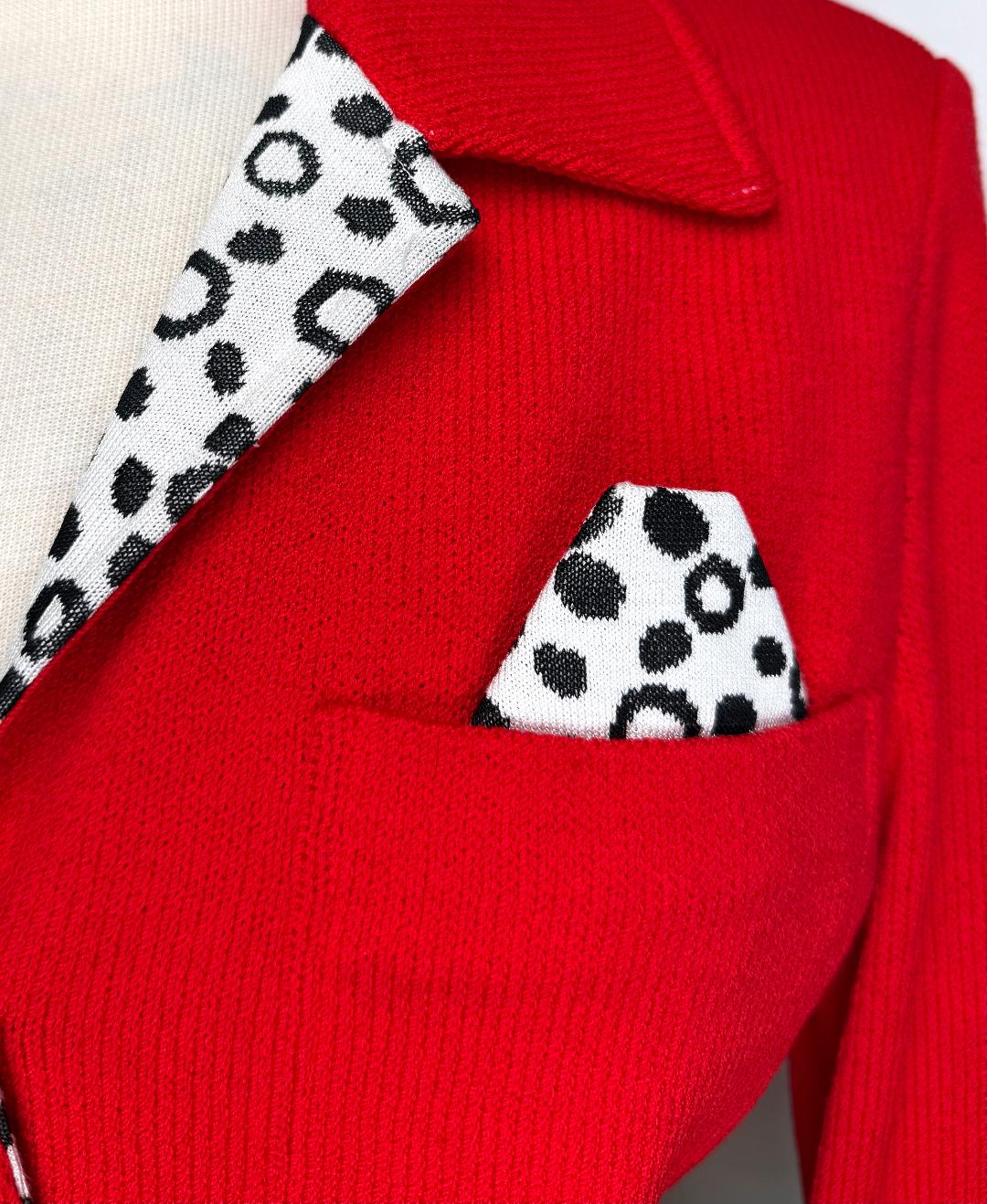 St. John Red Santana Knit Jacket with Polka Dot Trim – Size 6